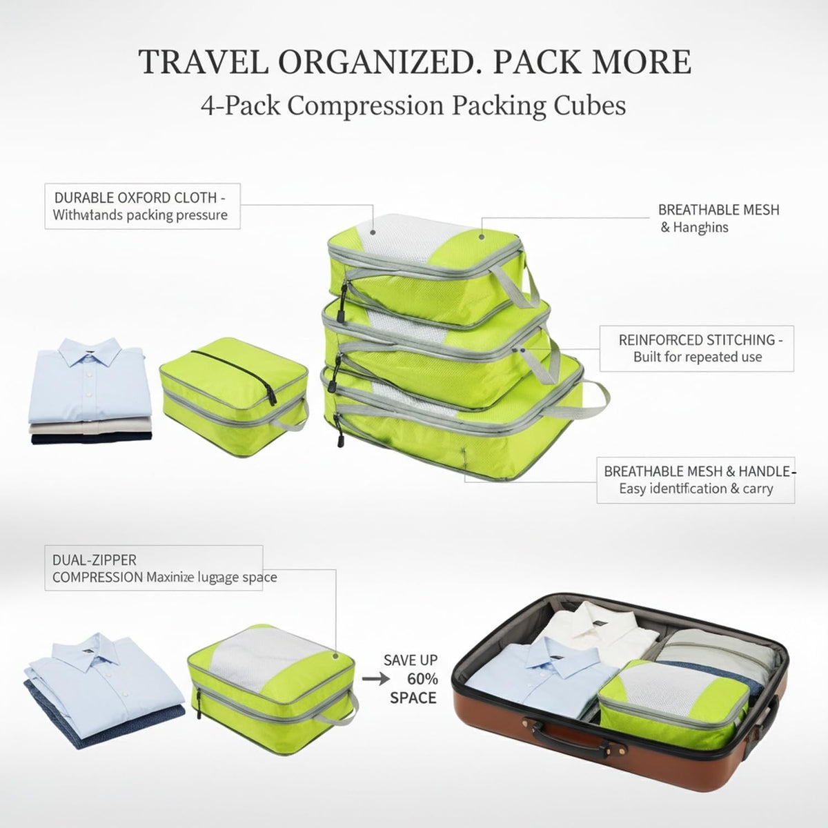 Compression Packing Cubes, Oxford Cloth Travel Organizers for Luggage, 4-Pack Carry-On Space Savers (Set of 4)