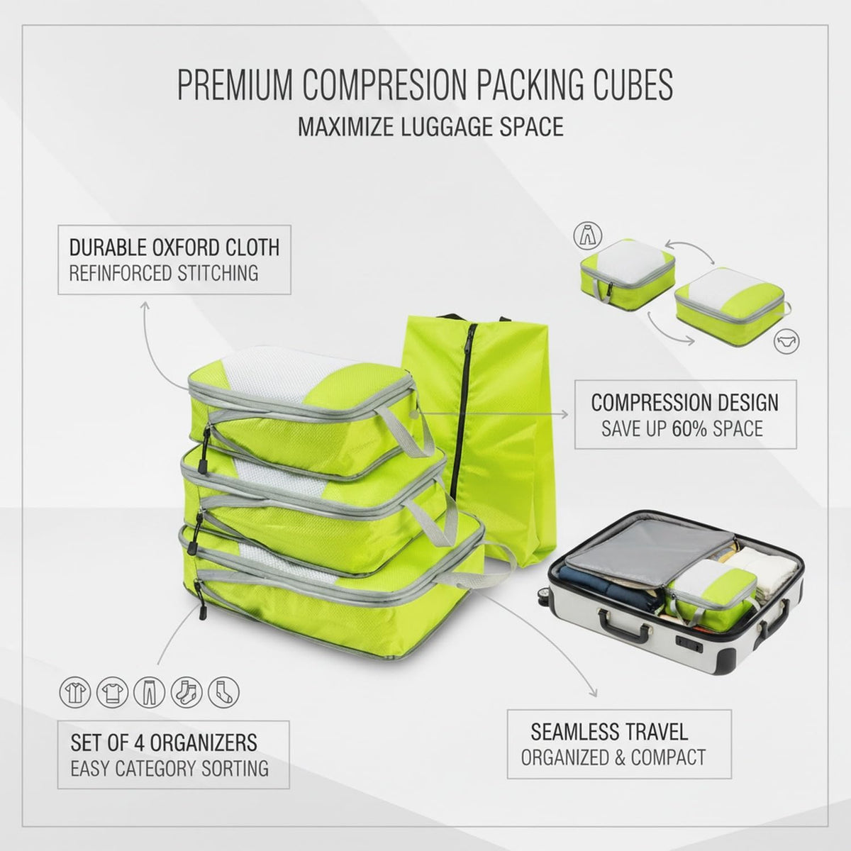Compression Packing Cubes, Oxford Cloth Travel Organizers for Luggage, 4-Pack Carry-On Space Savers (Set of 4)