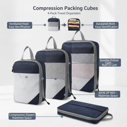 Compression Packing Cubes, Oxford Cloth Travel Organizers for Luggage, 4-Pack Carry-On Space Savers (Set of 4)