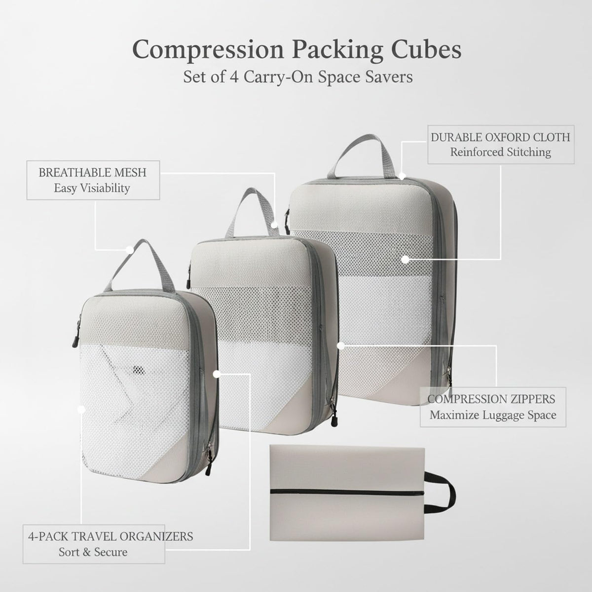 Compression Packing Cubes, Oxford Cloth Travel Organizers for Luggage, 4-Pack Carry-On Space Savers (Set of 4)