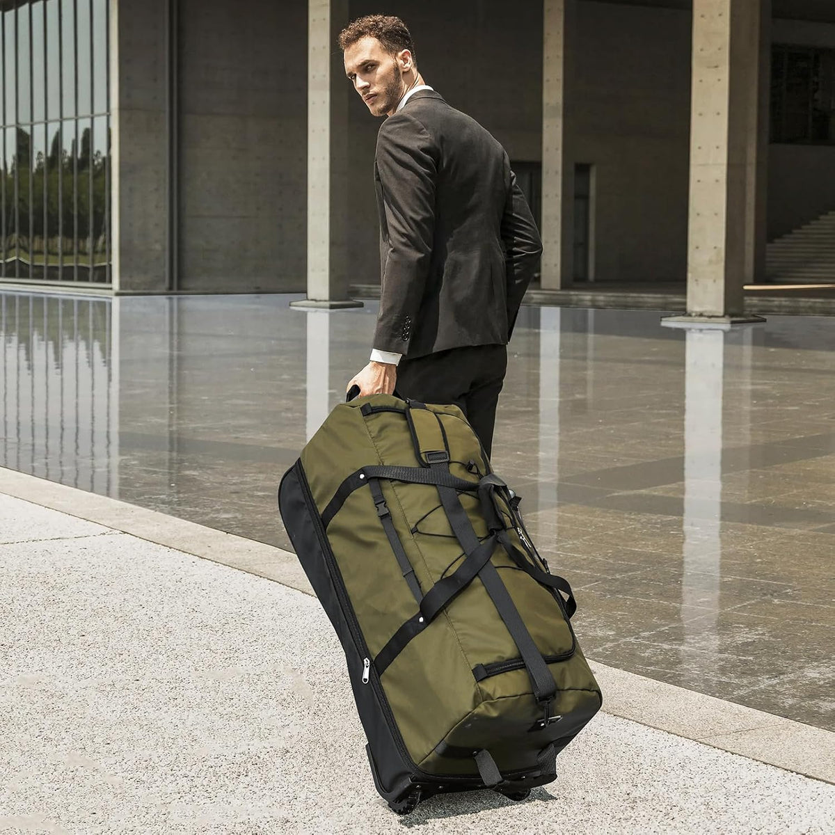 32" Soft-Sided Foldable Wheeled Duffle Bag, 110L Expandable 140L Rolling Travel Bag with Matching Storage Pouch, Updated Army Green