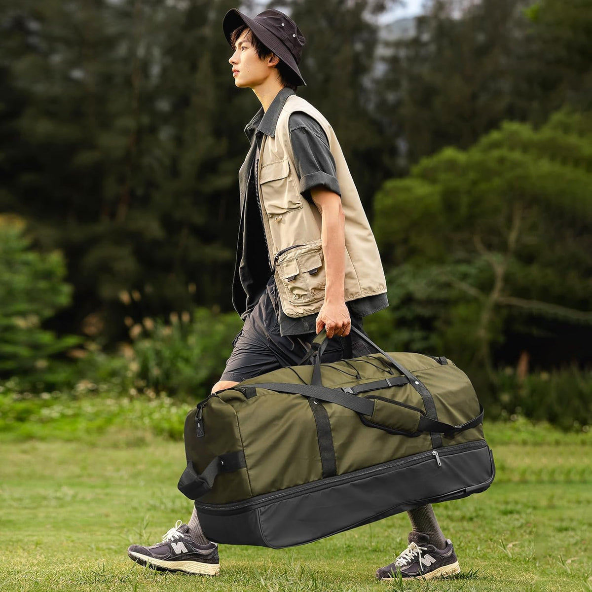 32" Soft-Sided Foldable Wheeled Duffle Bag, 110L Expandable 140L Rolling Travel Bag with Matching Storage Pouch, Updated Army Green