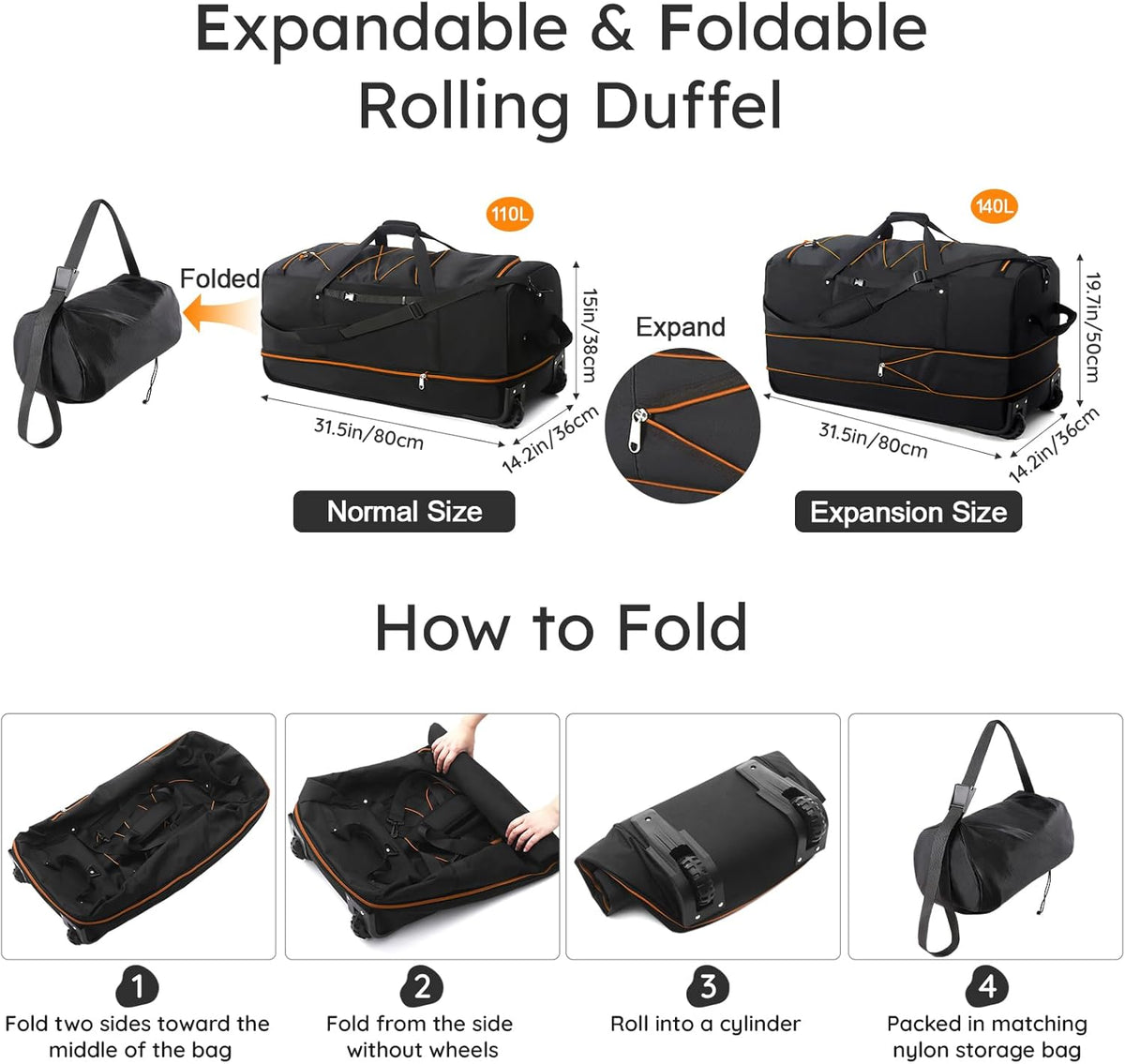 32" Soft-Sided Foldable Wheeled Duffle Bag, 110L Expandable 140L Rolling Travel Bag with Matching Storage Pouch, Updated Army Green