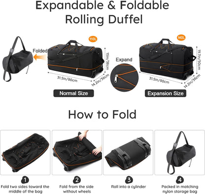32" Soft-Sided Foldable Wheeled Duffle Bag, 110L Expandable 140L Rolling Travel Bag with Matching Storage Pouch, Updated Army Green