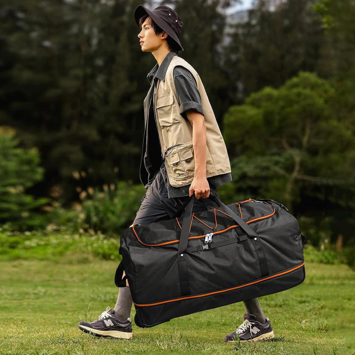 32" Soft-Sided Foldable Wheeled Duffle Bag, 110L Expandable 140L Rolling Travel Bag with Matching Storage Pouch, Updated Army Green