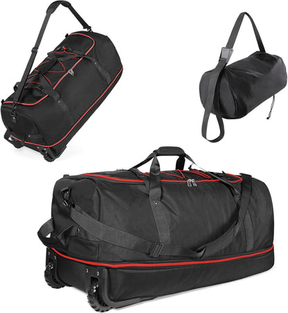 32" Soft-Sided Foldable Wheeled Duffle Bag, 110L Expandable 140L Rolling Travel Bag with Matching Storage Pouch, Updated Army Green