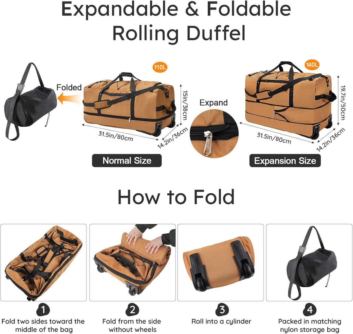 32" Soft-Sided Foldable Wheeled Duffle Bag, 110L Expandable 140L Rolling Travel Bag with Matching Storage Pouch, Updated Army Green