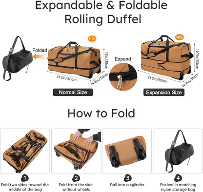 32" Soft-Sided Foldable Wheeled Duffle Bag, 110L Expandable 140L Rolling Travel Bag with Matching Storage Pouch, Updated Army Green