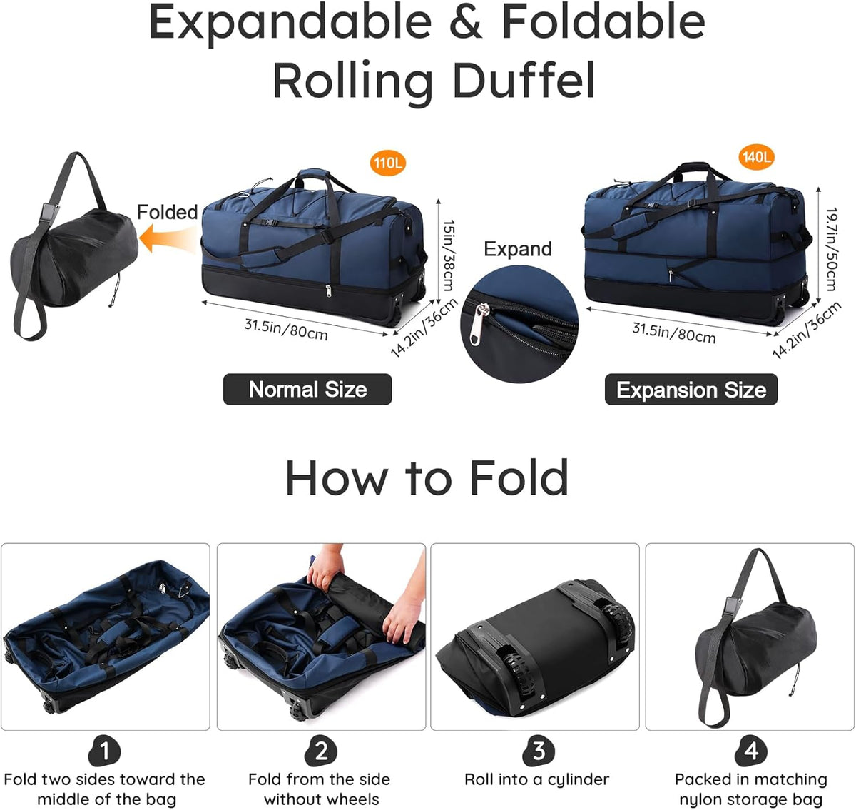 32" Soft-Sided Foldable Wheeled Duffle Bag, 110L Expandable 140L Rolling Travel Bag with Matching Storage Pouch, Updated Army Green