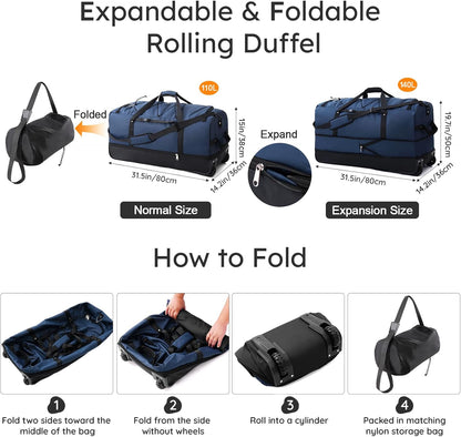 32" Soft-Sided Foldable Wheeled Duffle Bag, 110L Expandable 140L Rolling Travel Bag with Matching Storage Pouch, Updated Army Green
