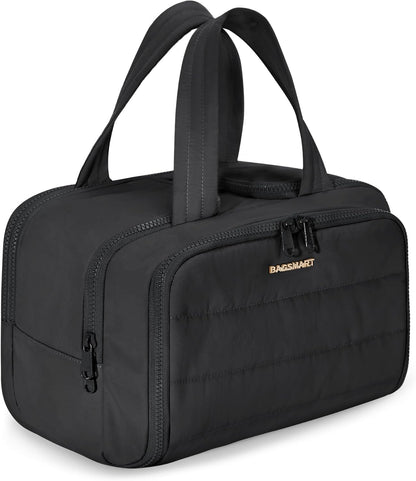 Travel Toiletry Bag, Lightweight Large Wide-open Travel Bag for Women, Puffy Cosmetic Makeup Bag Organizer with Handle for Accessories,Essentials, Toiletries, Black