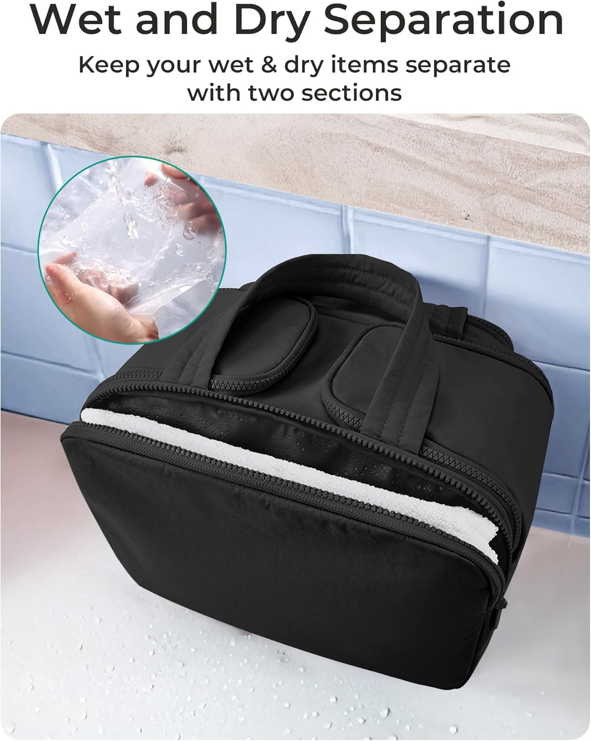Travel Toiletry Bag, Lightweight Large Wide-open Travel Bag for Women, Puffy Cosmetic Makeup Bag Organizer with Handle for Accessories,Essentials, Toiletries, Black