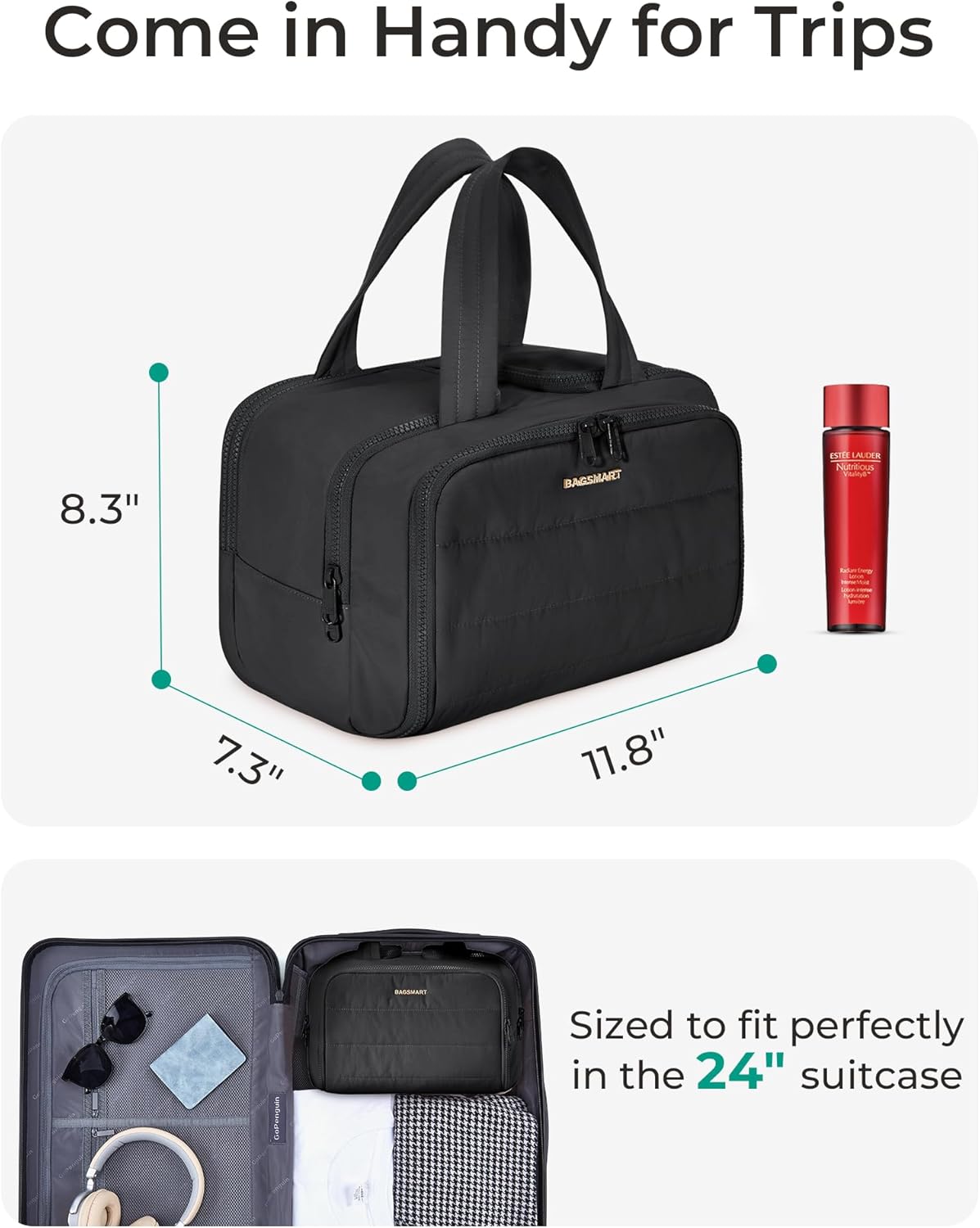 Travel Toiletry Bag, Lightweight Large Wide-open Travel Bag for Women, Puffy Cosmetic Makeup Bag Organizer with Handle for Accessories,Essentials, Toiletries, Black