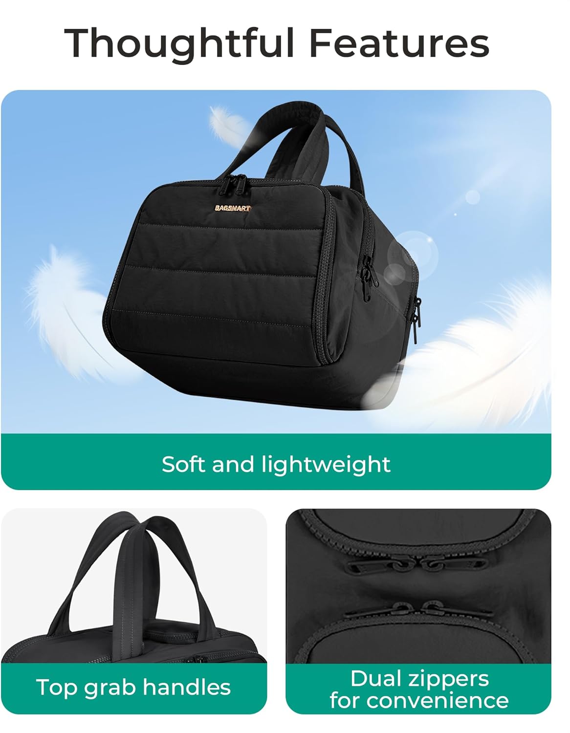 Travel Toiletry Bag, Lightweight Large Wide-open Travel Bag for Women, Puffy Cosmetic Makeup Bag Organizer with Handle for Accessories,Essentials, Toiletries, Black
