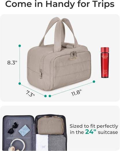 Travel Toiletry Bag, Lightweight Large Wide-open Travel Bag for Women, Puffy Cosmetic Makeup Bag Organizer with Handle for Accessories,Essentials, Toiletries, Black