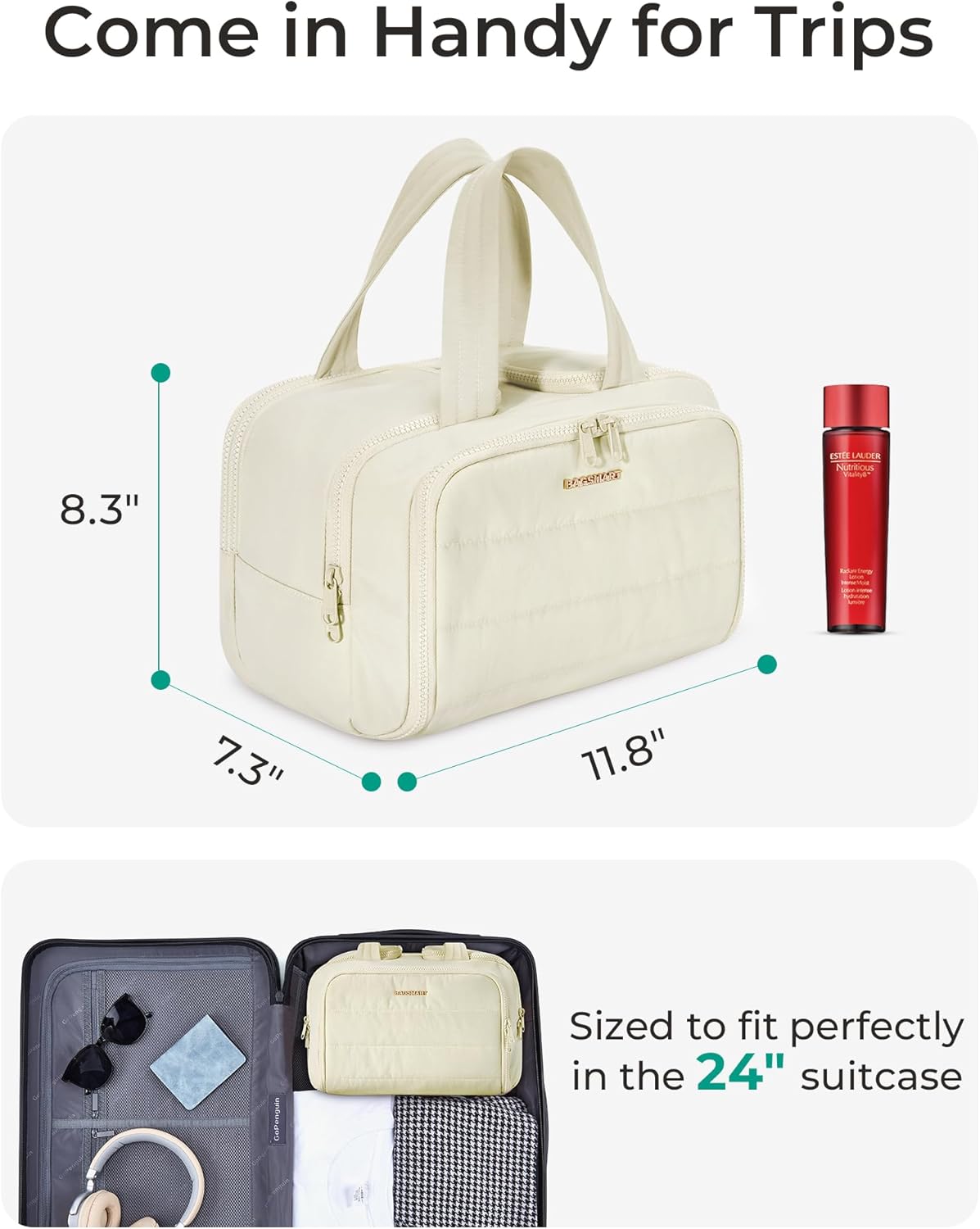 Travel Toiletry Bag, Lightweight Large Wide-open Travel Bag for Women, Puffy Cosmetic Makeup Bag Organizer with Handle for Accessories,Essentials, Toiletries, Black