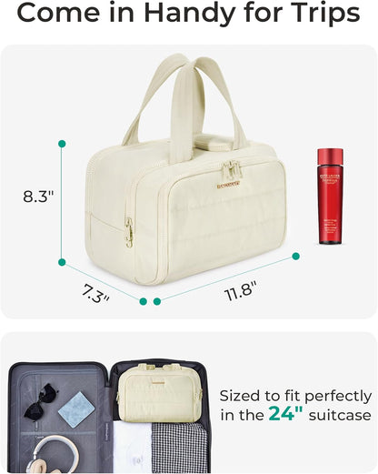 Travel Toiletry Bag, Lightweight Large Wide-open Travel Bag for Women, Puffy Cosmetic Makeup Bag Organizer with Handle for Accessories,Essentials, Toiletries, Black