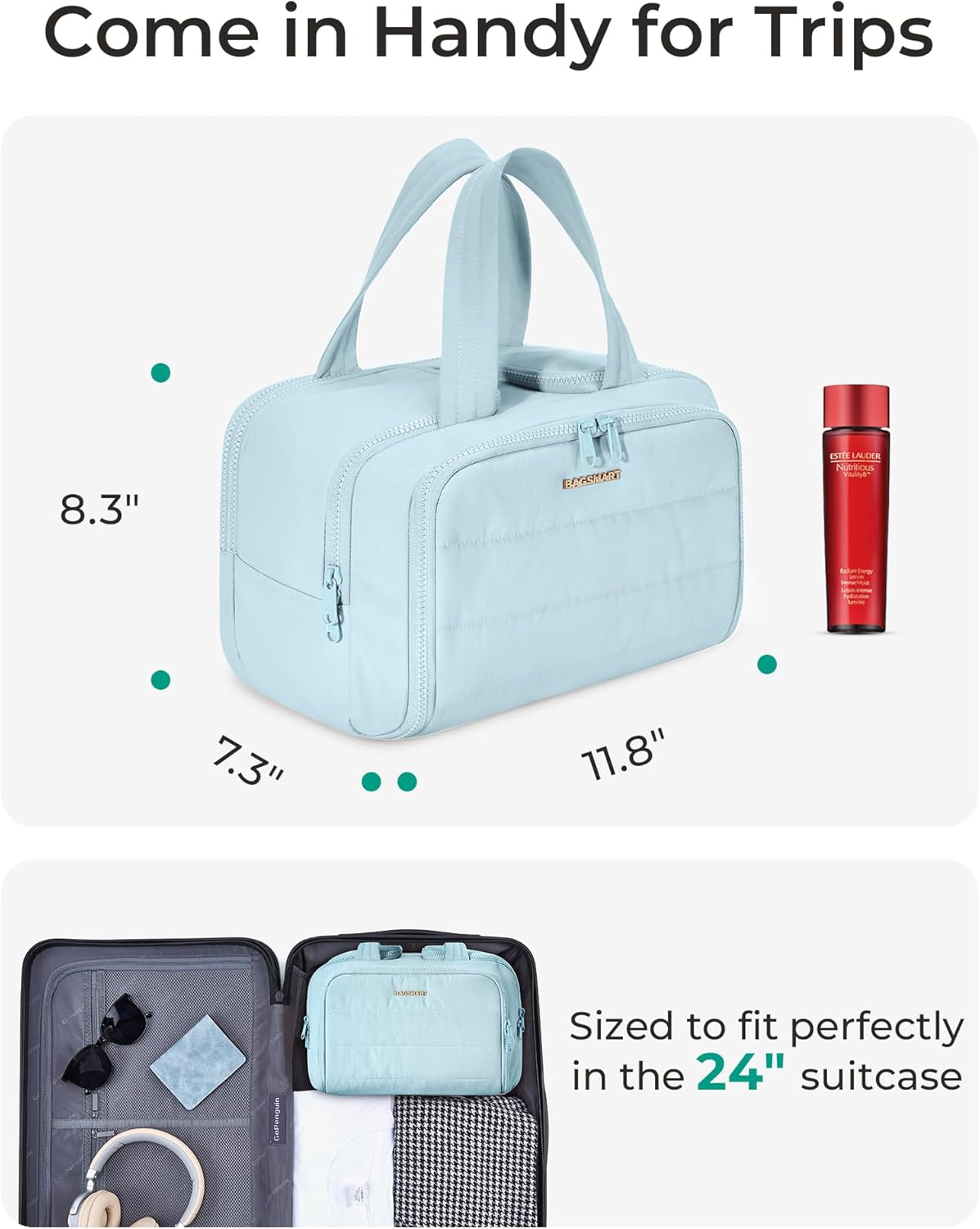 Travel Toiletry Bag, Lightweight Large Wide-open Travel Bag for Women, Puffy Cosmetic Makeup Bag Organizer with Handle for Accessories,Essentials, Toiletries, Black