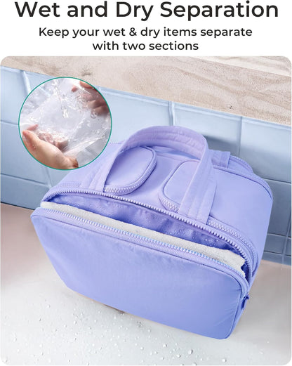 Travel Toiletry Bag, Lightweight Large Wide-open Travel Bag for Women, Puffy Cosmetic Makeup Bag Organizer with Handle for Accessories,Essentials, Toiletries, Black