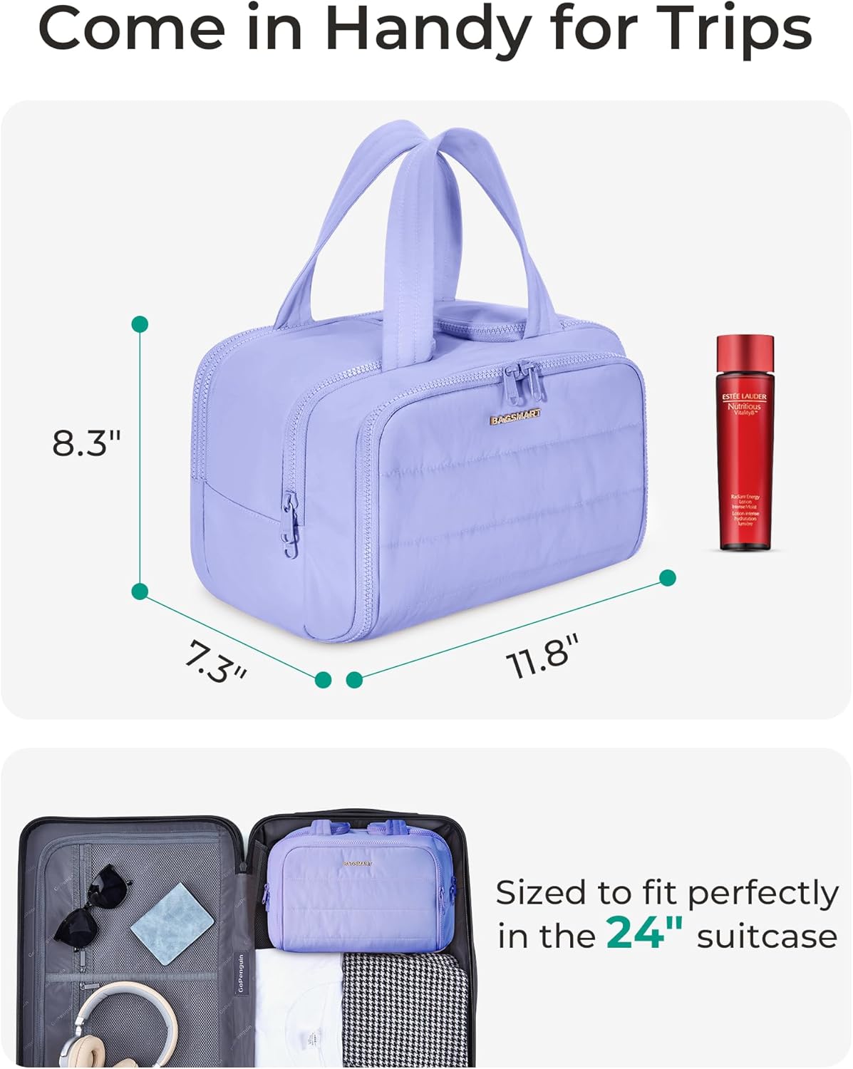 Travel Toiletry Bag, Lightweight Large Wide-open Travel Bag for Women, Puffy Cosmetic Makeup Bag Organizer with Handle for Accessories,Essentials, Toiletries, Black