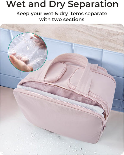 Travel Toiletry Bag, Lightweight Large Wide-open Travel Bag for Women, Puffy Cosmetic Makeup Bag Organizer with Handle for Accessories,Essentials, Toiletries, Black