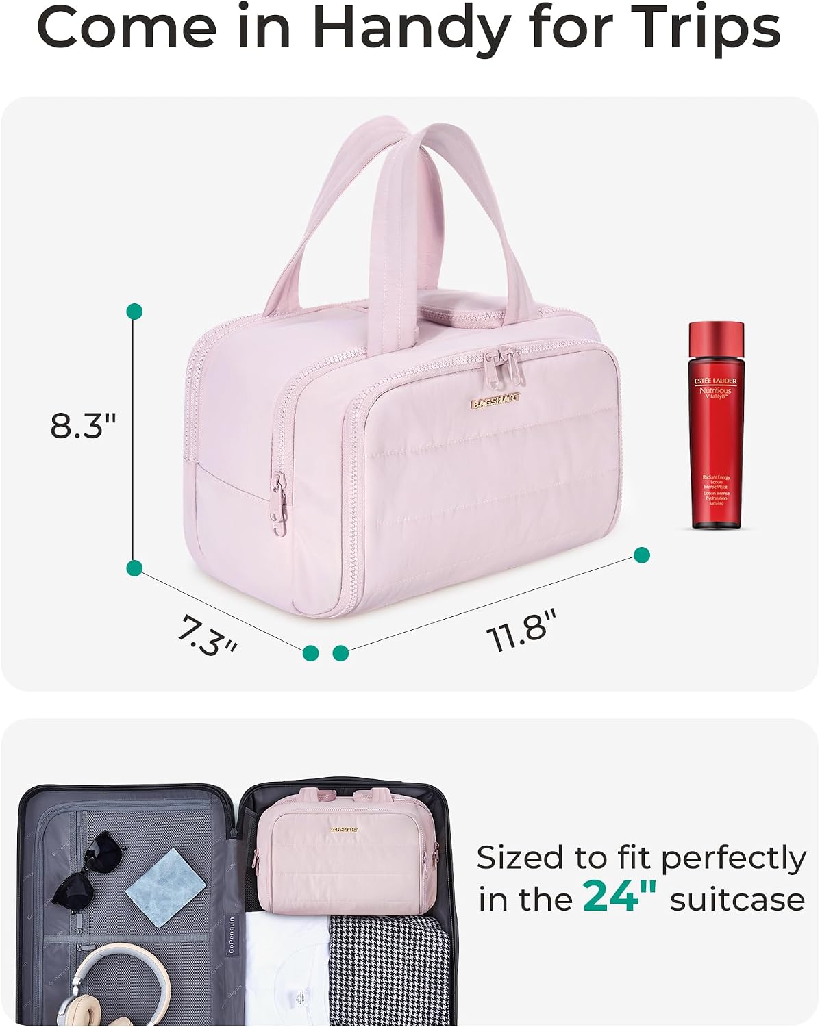 Travel Toiletry Bag, Lightweight Large Wide-open Travel Bag for Women, Puffy Cosmetic Makeup Bag Organizer with Handle for Accessories,Essentials, Toiletries, Black