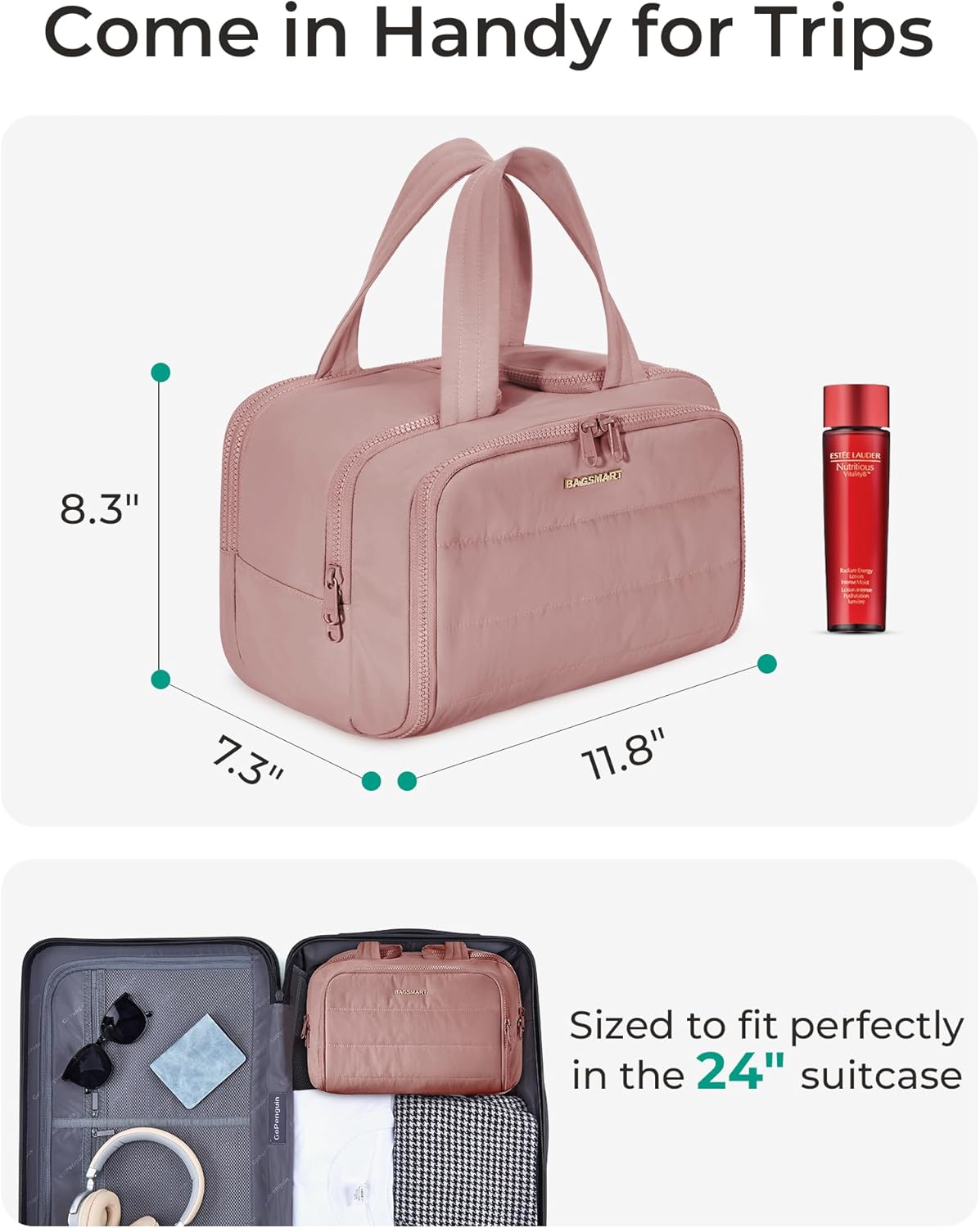 Travel Toiletry Bag, Lightweight Large Wide-open Travel Bag for Women, Puffy Cosmetic Makeup Bag Organizer with Handle for Accessories,Essentials, Toiletries, Black