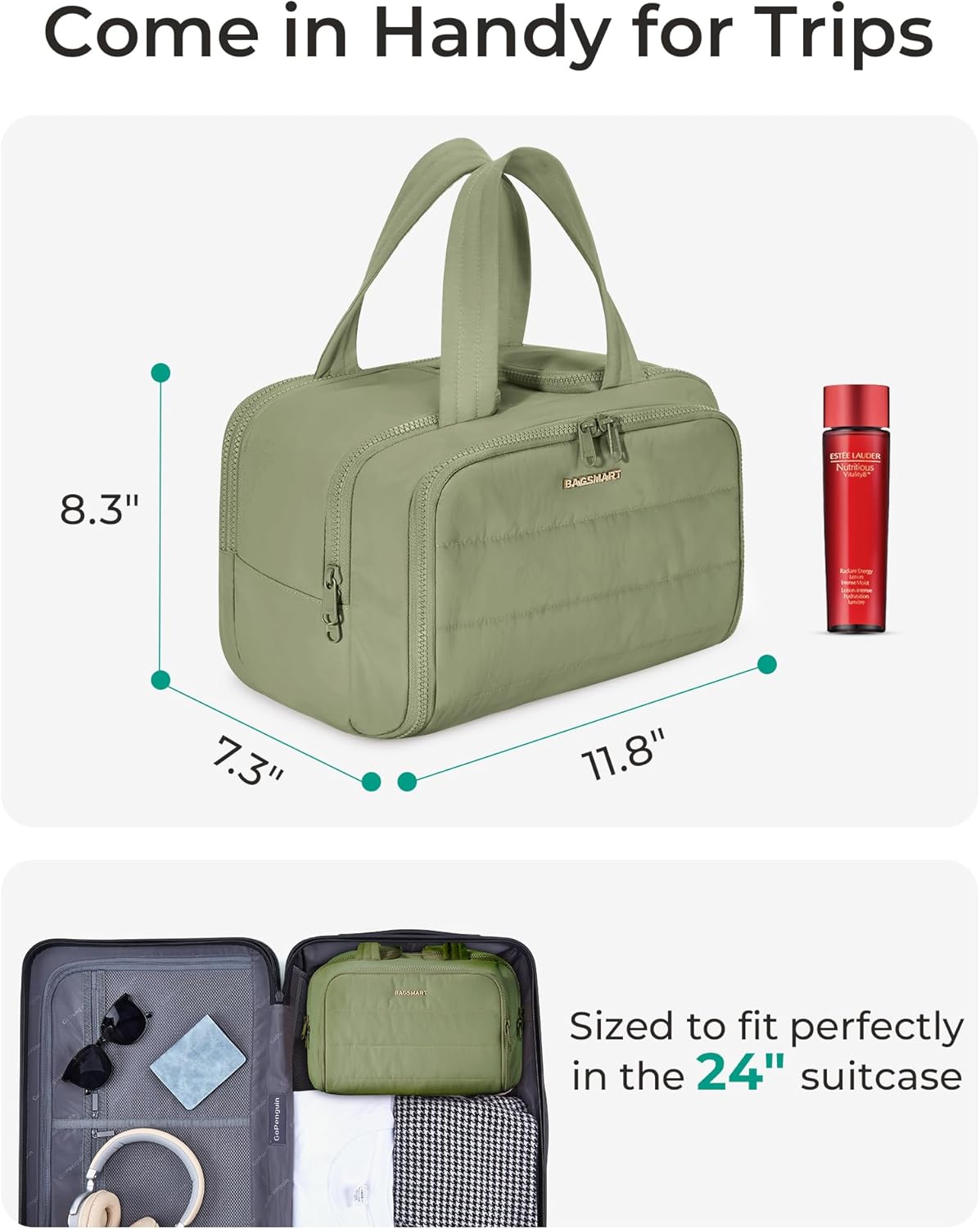 Travel Toiletry Bag, Lightweight Large Wide-open Travel Bag for Women, Puffy Cosmetic Makeup Bag Organizer with Handle for Accessories,Essentials, Toiletries, Black