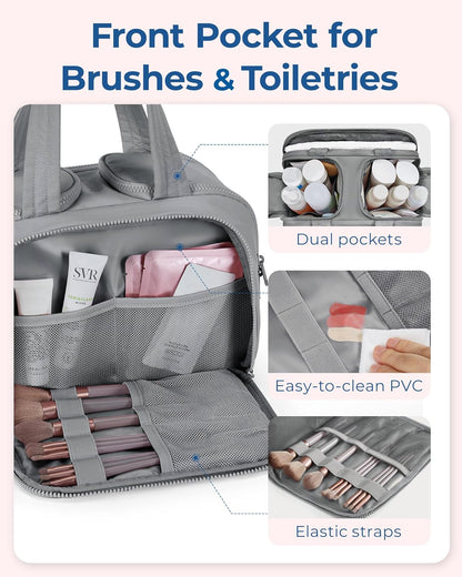 Travel Toiletry Bag, Lightweight Large Wide-open Travel Bag for Women, Puffy Cosmetic Makeup Bag Organizer with Handle for Accessories,Essentials, Toiletries, Black