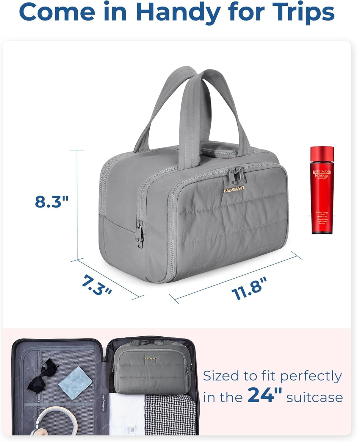 Travel Toiletry Bag, Lightweight Large Wide-open Travel Bag for Women, Puffy Cosmetic Makeup Bag Organizer with Handle for Accessories,Essentials, Toiletries, Black