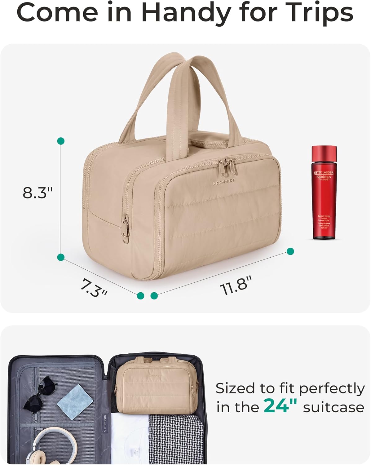 Travel Toiletry Bag, Lightweight Large Wide-open Travel Bag for Women, Puffy Cosmetic Makeup Bag Organizer with Handle for Accessories,Essentials, Toiletries, Black