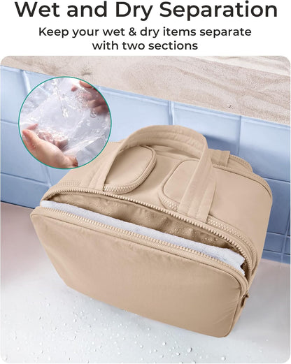 Travel Toiletry Bag, Lightweight Large Wide-open Travel Bag for Women, Puffy Cosmetic Makeup Bag Organizer with Handle for Accessories,Essentials, Toiletries, Black