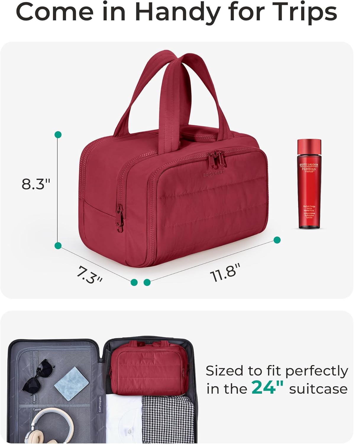 Travel Toiletry Bag, Lightweight Large Wide-open Travel Bag for Women, Puffy Cosmetic Makeup Bag Organizer with Handle for Accessories,Essentials, Toiletries, Black