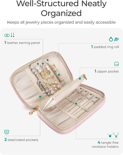 Travel Jewelry Case Jewelry Box Organizers and Storage Earings Holder Organizer for Women for Necklaces, Bracelets, Rings-Pink