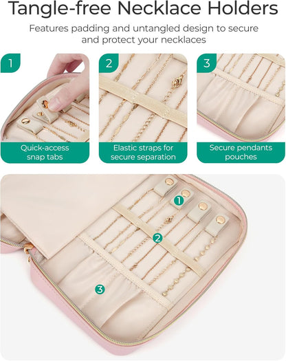 Travel Jewelry Case Jewelry Box Organizers and Storage Earings Holder Organizer for Women for Necklaces, Bracelets, Rings-Pink