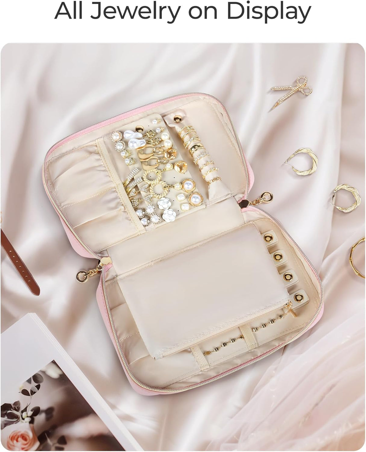 Travel Jewelry Case Jewelry Box Organizers and Storage Earings Holder Organizer for Women for Necklaces, Bracelets, Rings-Pink