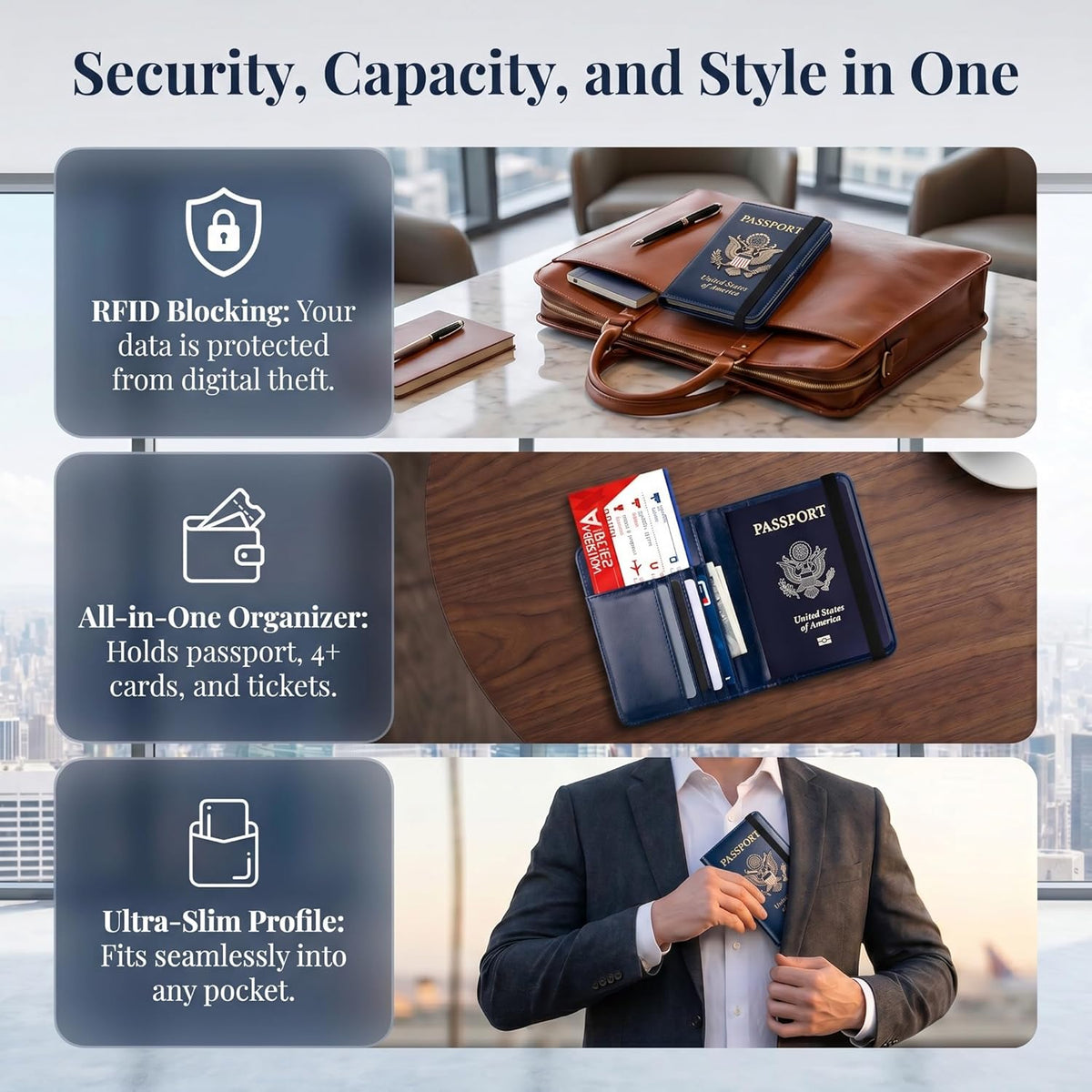 Passport Holder RFID Blocking - Travel Wallet with Card Slots, Leather Document Organizer for Travel Essentials