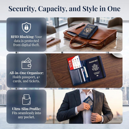 Passport Holder RFID Blocking - Travel Wallet with Card Slots, Leather Document Organizer for Travel Essentials