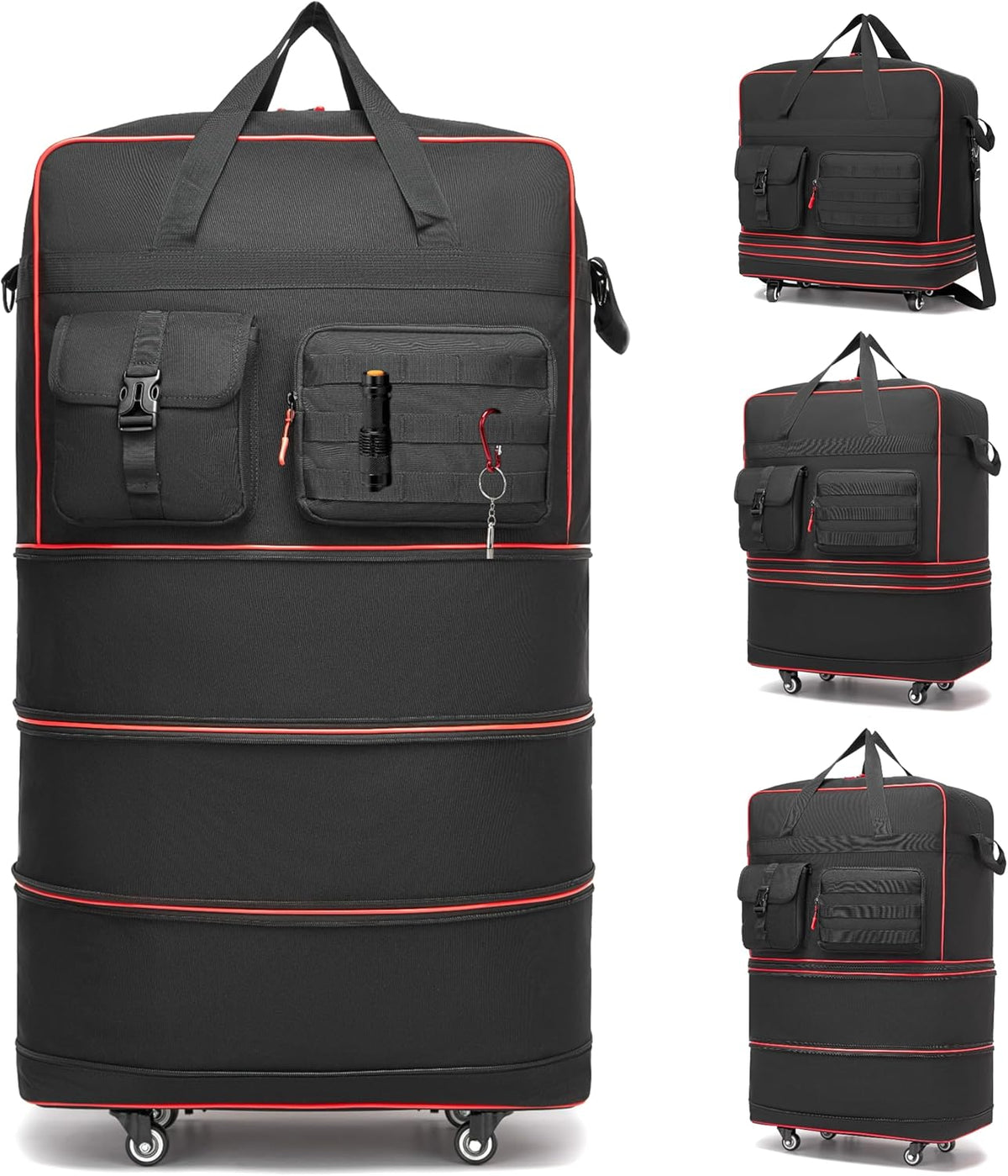 Tactical Foldable Travel Bag, Large Rolling Travel Duffle Bag with Wheels and Handle Suitcases with Wheels, Expandable Foldable Luggage Bag Collapsible Luggage, Black