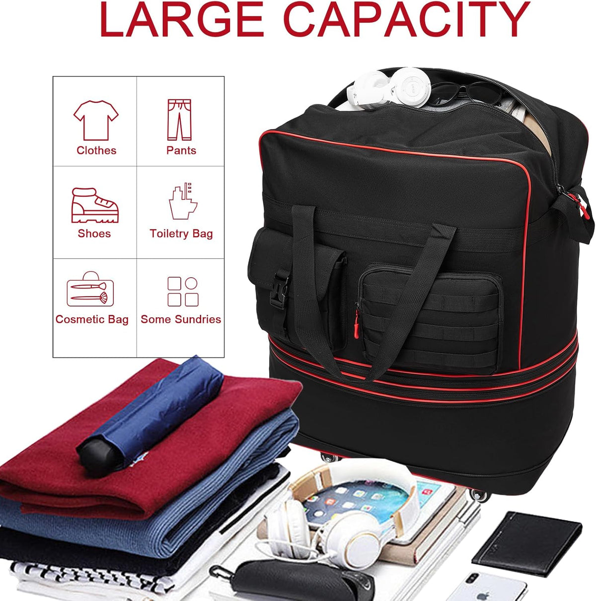 Tactical Foldable Travel Bag, Large Rolling Travel Duffle Bag with Wheels and Handle Suitcases with Wheels, Expandable Foldable Luggage Bag Collapsible Luggage, Black
