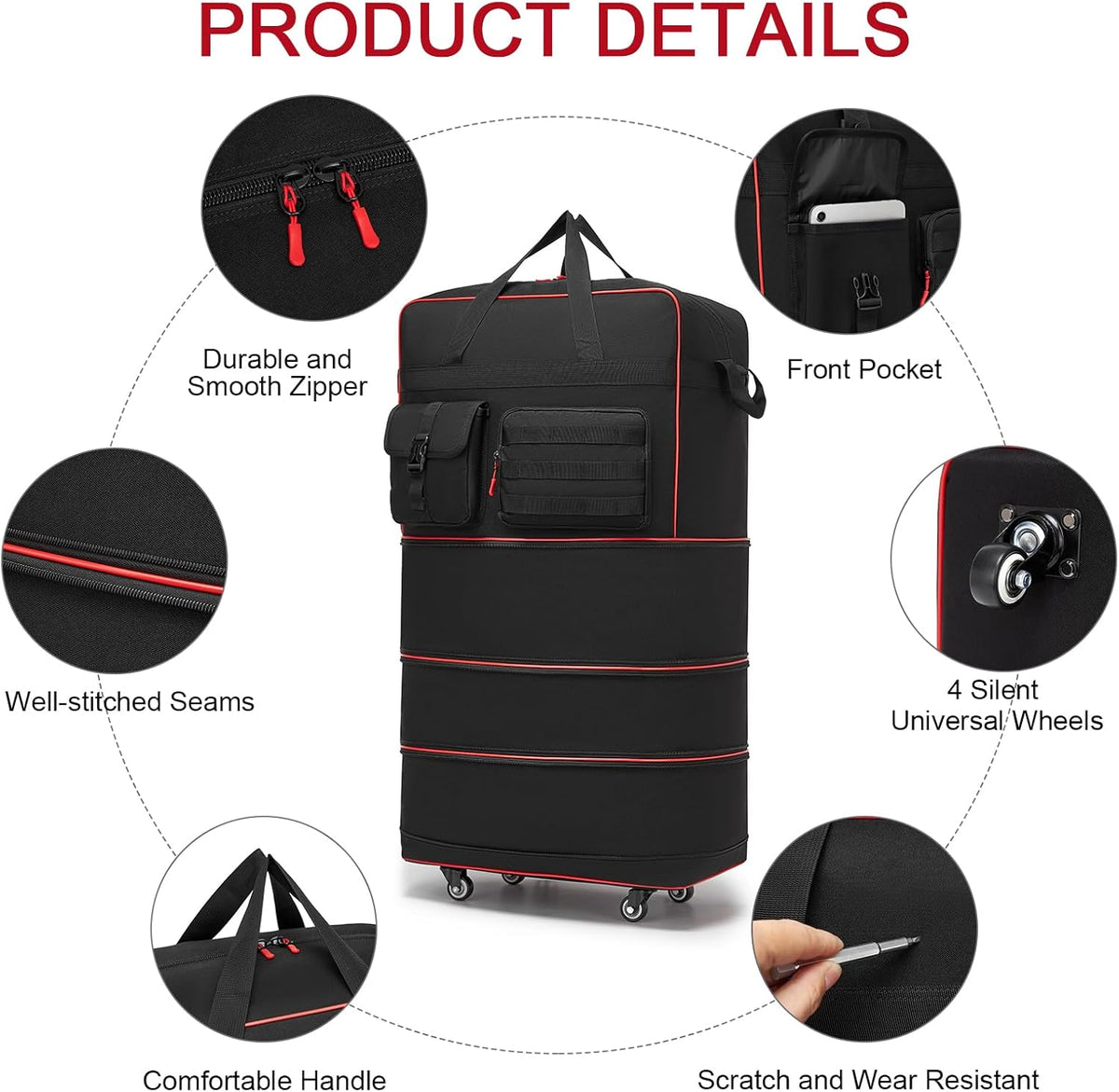 Tactical Foldable Travel Bag, Large Rolling Travel Duffle Bag with Wheels and Handle Suitcases with Wheels, Expandable Foldable Luggage Bag Collapsible Luggage, Black