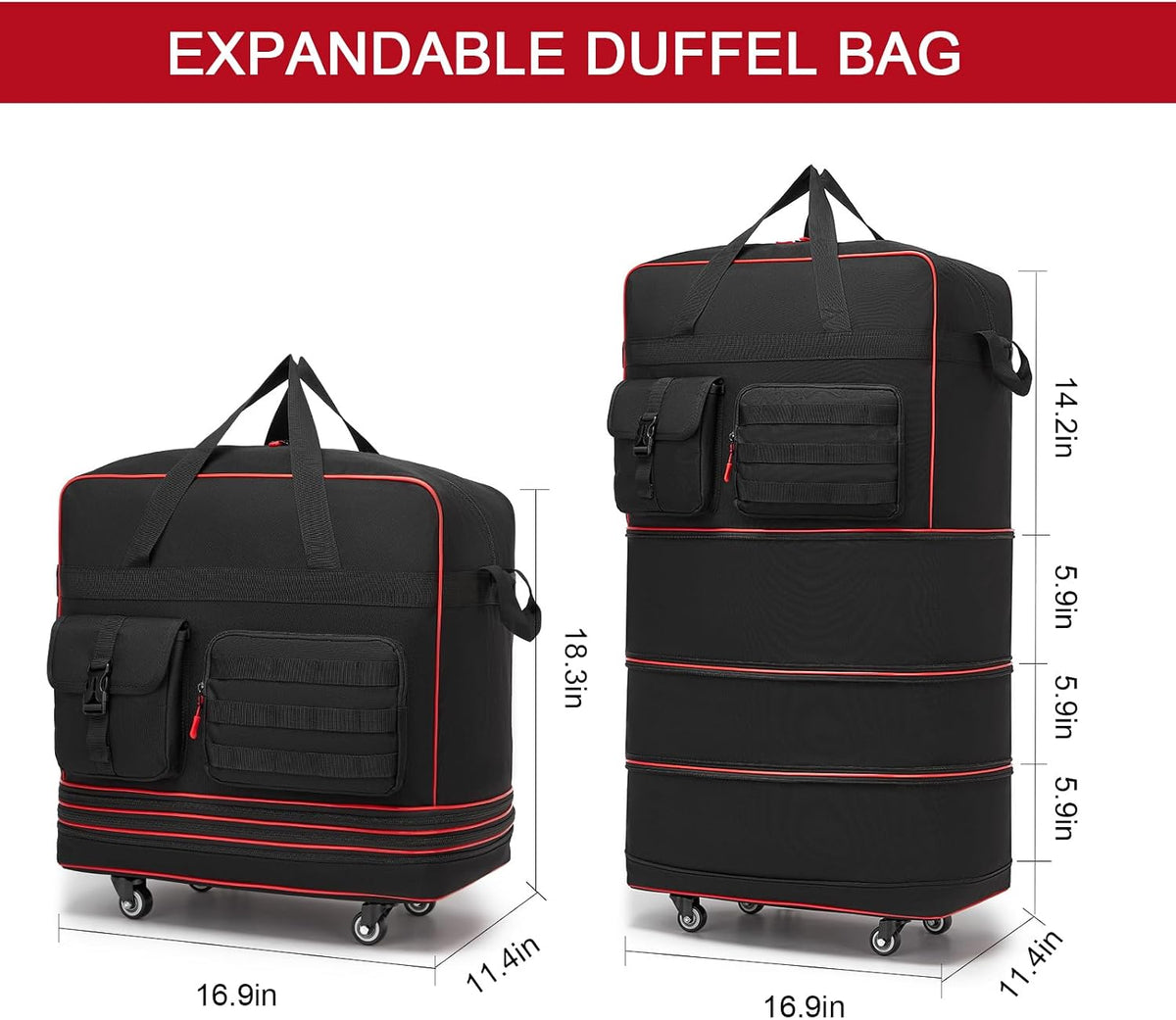 Tactical Foldable Travel Bag, Large Rolling Travel Duffle Bag with Wheels and Handle Suitcases with Wheels, Expandable Foldable Luggage Bag Collapsible Luggage, Black