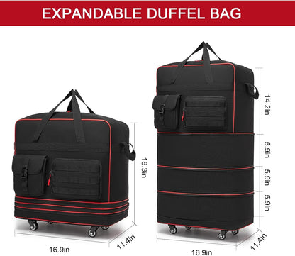 Tactical Foldable Travel Bag, Large Rolling Travel Duffle Bag with Wheels and Handle Suitcases with Wheels, Expandable Foldable Luggage Bag Collapsible Luggage, Black