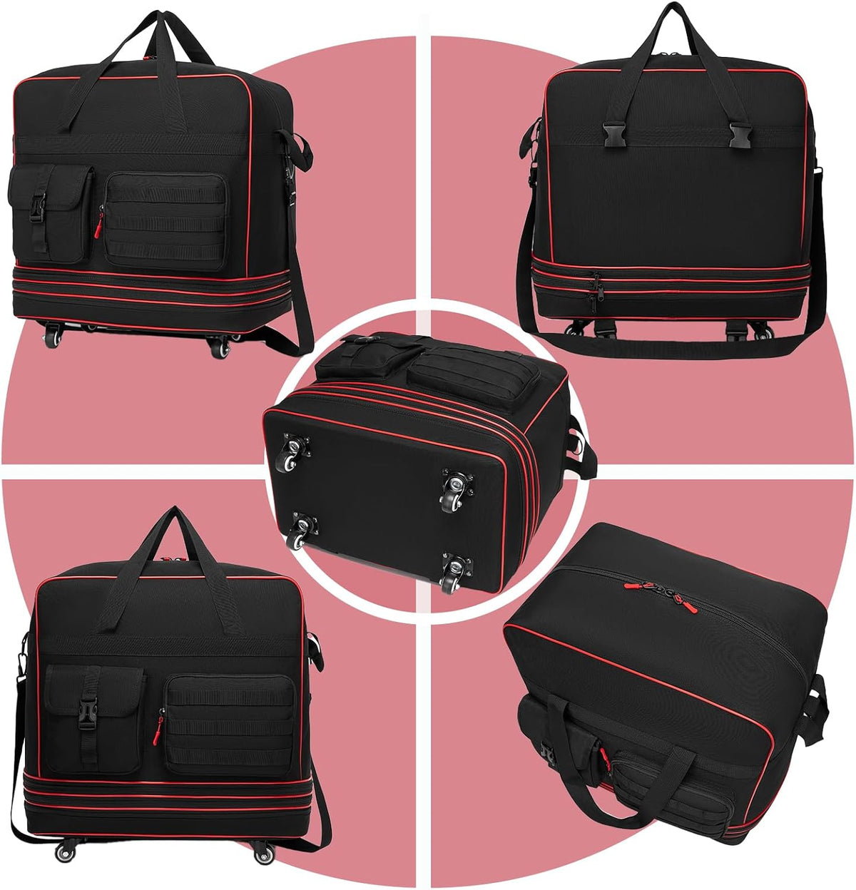 Tactical Foldable Travel Bag, Large Rolling Travel Duffle Bag with Wheels and Handle Suitcases with Wheels, Expandable Foldable Luggage Bag Collapsible Luggage, Black