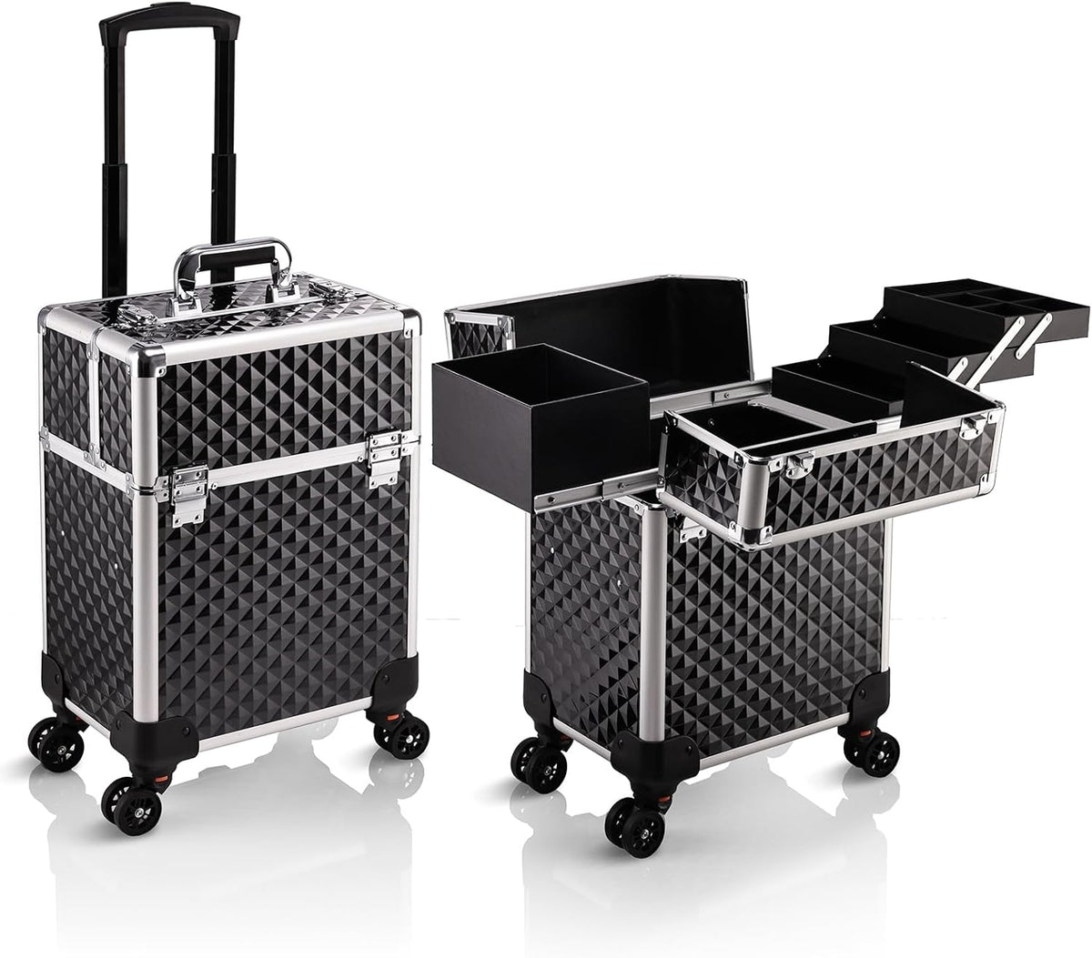 Rolling Makeup Train Case Large Storage Cosmetic Trolley 4 Tray with Sliding Rail Removable Middle Layer with Key Swivel Wheels Salon Barber Case Traveling Cart Trunk