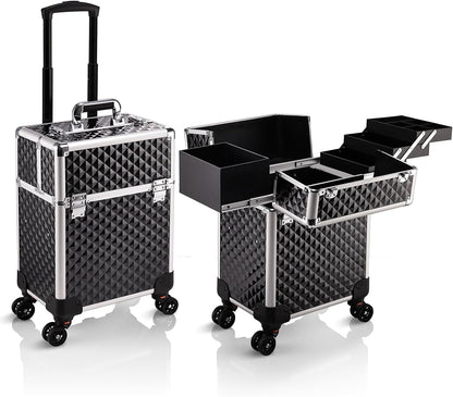 Rolling Makeup Train Case Large Storage Cosmetic Trolley 4 Tray with Sliding Rail Removable Middle Layer with Key Swivel Wheels Salon Barber Case Traveling Cart Trunk