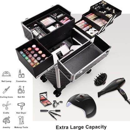Rolling Makeup Train Case Large Storage Cosmetic Trolley 4 Tray with Sliding Rail Removable Middle Layer with Key Swivel Wheels Salon Barber Case Traveling Cart Trunk
