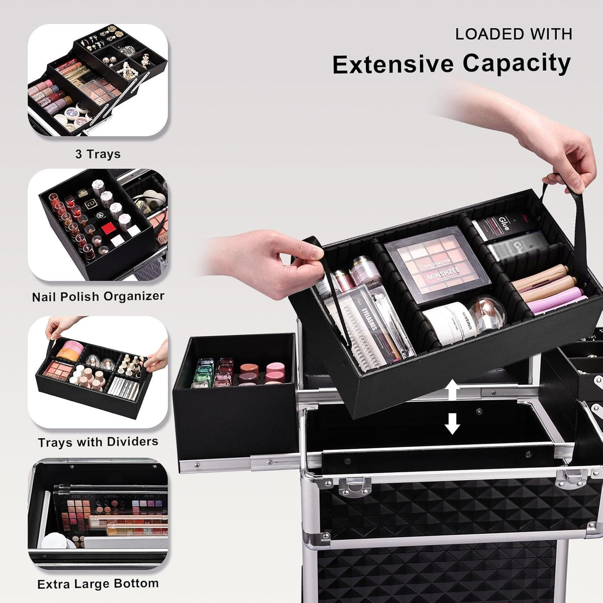 Rolling Makeup Train Case Large Storage Cosmetic Trolley 4 Tray with Sliding Rail Removable Middle Layer with Key Swivel Wheels Salon Barber Case Traveling Cart Trunk