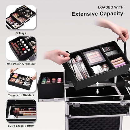 Rolling Makeup Train Case Large Storage Cosmetic Trolley 4 Tray with Sliding Rail Removable Middle Layer with Key Swivel Wheels Salon Barber Case Traveling Cart Trunk
