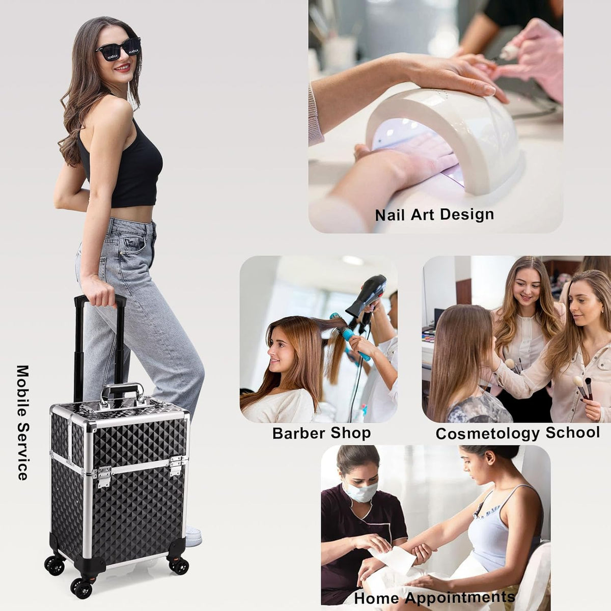 Rolling Makeup Train Case Large Storage Cosmetic Trolley 4 Tray with Sliding Rail Removable Middle Layer with Key Swivel Wheels Salon Barber Case Traveling Cart Trunk